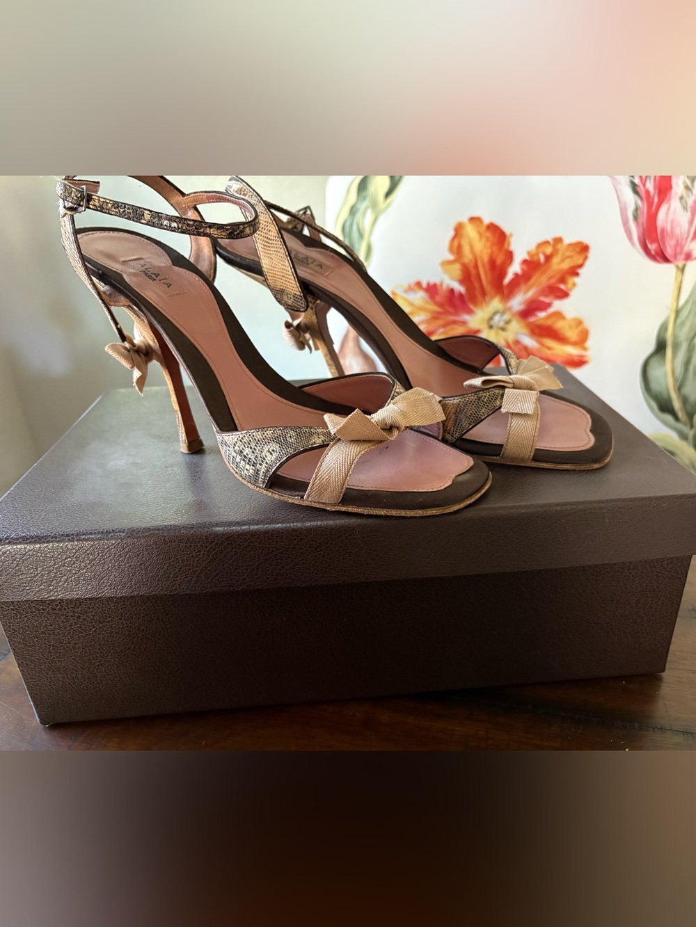 Alaïa Metallic Gold and Pink Bow Ankle-Strap Heels